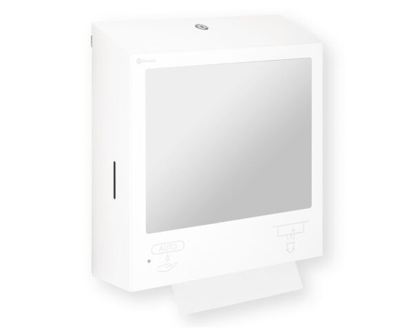 Pojemnik na ręczniki składane z bezdotykowym automatycznym dozownikiem mydła w pianie i z lustrem ze stali SuperMirror „3 w 1" MERIDA STELLA SLIM WHITE LINE COMBO, biały Pojemnik na ręczniki składane z bezdotykowym automatycznym dozownikiem mydła w pianie i z lustrem ze stali SuperMirror „3 w 1" MERIDA STELLA SLIM WHITE LINE COMBO, biały