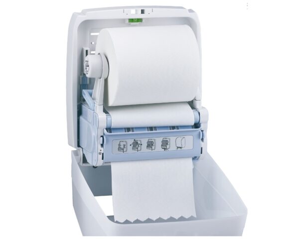 Mechaniczny podajnik ręczników papierowych w rolach MERIDA HARMONY AUTOMATIC MAXI, tworzywo, biały transparentny Mechaniczny podajnik ręczników papierowych w rolach MERIDA HARMONY AUTOMATIC MAXI, tworzywo, biały transparentny