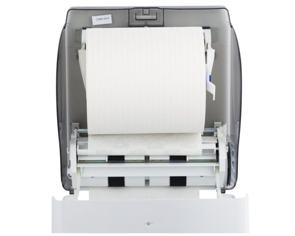 Mechaniczny podajnik ręczników papierowych w rolach MERIDA LUX CUT AUTOMATIC MAXI, tworzywo ABS, biały Mechaniczny podajnik ręczników papierowych w rolach MERIDA LUX CUT AUTOMATIC MAXI, tworzywo ABS, biały