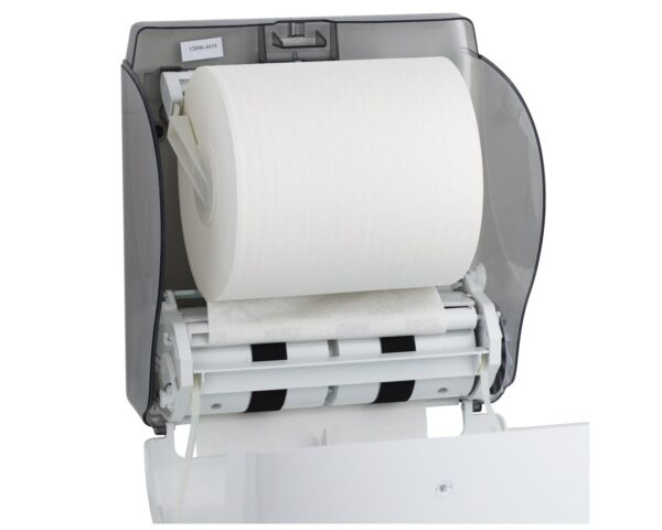 Mechaniczny podajnik ręczników papierowych w rolach MERIDA LUX CUT AUTOMATIC MAXI, tworzywo ABS, biały Mechaniczny podajnik ręczników papierowych w rolach MERIDA LUX CUT AUTOMATIC MAXI, tworzywo ABS, biały