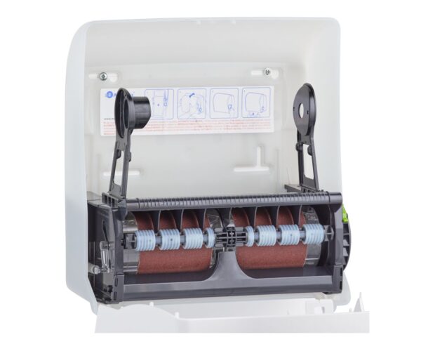 Mechaniczny podajnik ręczników papierowych w rolach MERIDA SOLID CUT AUTOMATIC MAXI, tworzywo ABS, front pełen biały - mat, tył transparentny jasny - mat Mechaniczny podajnik ręczników papierowych w rolach MERIDA SOLID CUT AUTOMATIC MAXI, tworzywo ABS, front pełen biały - mat, tył transparentny jasny - mat