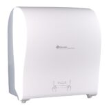 Mechaniczny podajnik ręczników papierowych w rolach MERIDA SOLID CUT AUTOMATIC MAXI, tworzywo ABS, front pełen biały - mat, tył transparentny jasny - mat