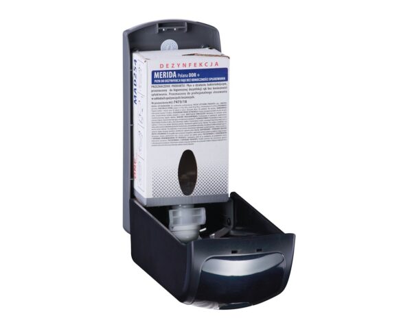 Dozownik płynu dezynfekcyjnego MERIDA ONE na jednorazowe wkłady 700 ml z płynem dezynfekcyjnym MERIDA POLANA DDR+, tworzywo ABS, czarny Dozownik płynu dezynfekcyjnego MERIDA ONE na jednorazowe wkłady 700 ml z płynem dezynfekcyjnym MERIDA POLANA DDR+, tworzywo ABS, czarny