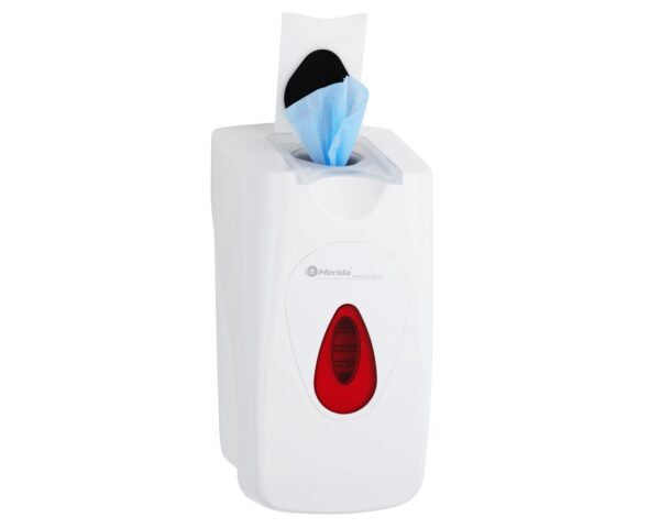 Dozownik nasączonych chusteczek do dezynfekcji rąk i powierzchni na jednorazowe wkłady MERIDA TOP biały, okienko czerwone Dozownik nasączonych chusteczek do dezynfekcji rąk i powierzchni na jednorazowe wkłady MERIDA TOP biały, okienko czerwone