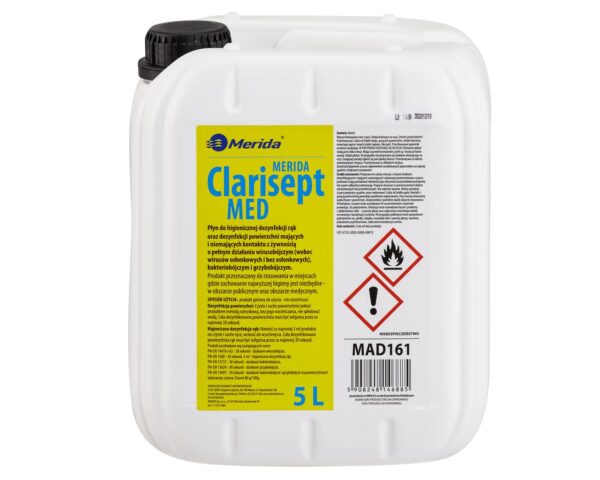 Płyn dezynfekcyjny MERIDA CLARISEPT MED do higienicznej dezynfekcji rąk oraz powierzchni, kanister 5 l Płyn dezynfekcyjny MERIDA CLARISEPT MED do higienicznej dezynfekcji rąk oraz powierzchni, kanister 5 l