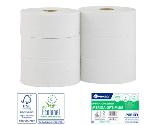 Papier toaletowy MERIDA OPTIMUM, biały, średnica 23 cm, długość 210 m, dwuwarstwowy, zgrzewka 6 szt., ECOLABEL