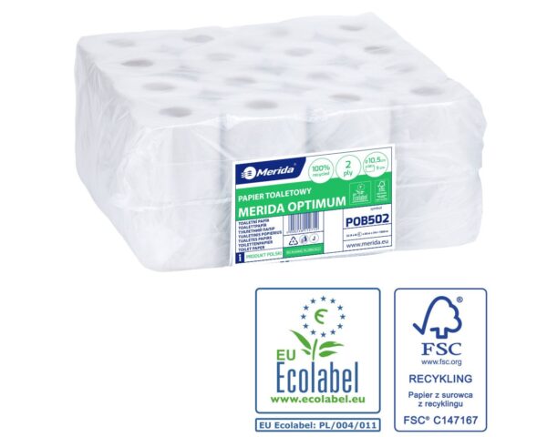 Papier toaletowy MERIDA OPTIMUM, biały, średnica 11 cm, długość 50 m, dwuwarstwowy, worek 32 szt., ECOLABEL Papier toaletowy MERIDA OPTIMUM, biały, średnica 11 cm, długość 50 m, dwuwarstwowy, worek 32 szt., ECOLABEL