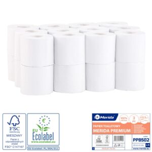 Papier toaletowy MERIDA PREMIUM, biały, średnica 12,5 cm, długość 50 m, trzywarstwowy, worek 24 szt., ECOLABEL