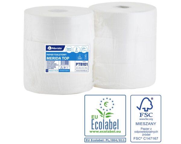 Papier toaletowy MERIDA TOP, biały, średnica 23 cm, długość 245 m, dwuwarstwowy, zgrzewka 6 szt., ECOLABEL