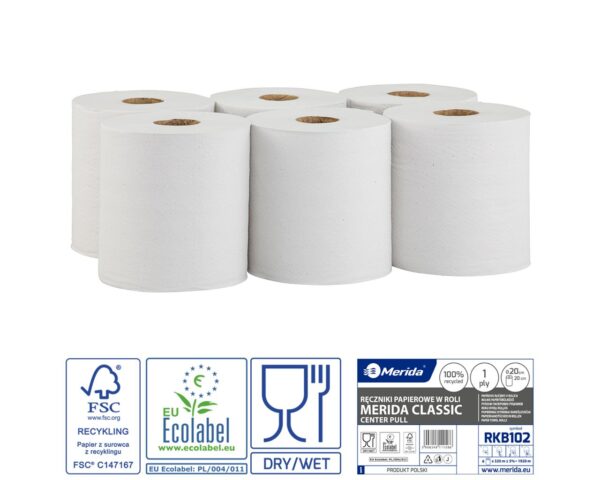 Ręczniki papierowe w roli MERIDA CLASSIC MAXI, białe, średnica 20 cm, długość 320 m, jednowarstwowe, zgrzewka 6 rolek, ECOLABEL