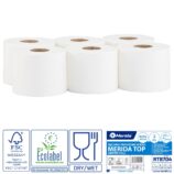 Ręczniki papierowe w roli MERIDA TOP CENTER PULL MINI, białe, średnica 17 cm, długość 130 m, dwuwarstwowe, zgrzewka 6 rolek, ECOLABEL