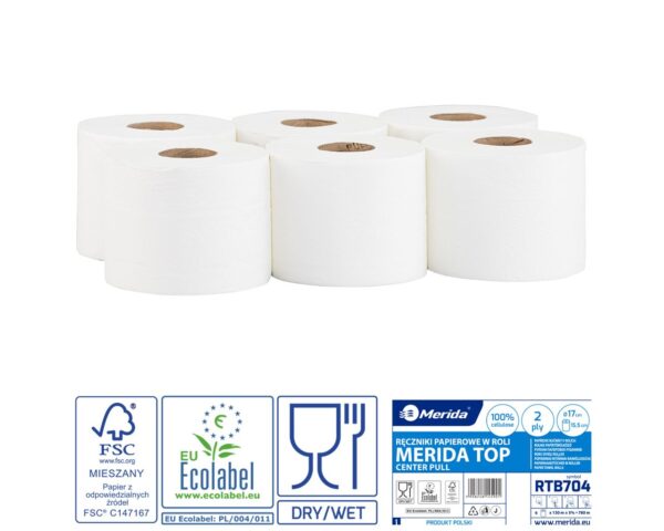 Ręczniki papierowe w roli MERIDA TOP CENTER PULL MINI, białe, średnica 17 cm, długość 130 m, dwuwarstwowe, zgrzewka 6 rolek, ECOLABEL