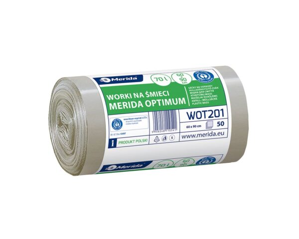 Worki na śmieci MERIDA OPTIMUM, 60 x 90 cm, pojemność 70 l, rolka 50 szt., BEZBARWNE, HDPE/LDPE Worki na śmieci MERIDA OPTIMUM, 60 x 90 cm, pojemność 70 l, rolka 50 szt., BEZBARWNE, HDPE/LDPE