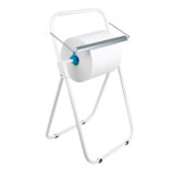 Stojak na przemysłowe czyściwa w rolach, metalowy, biały