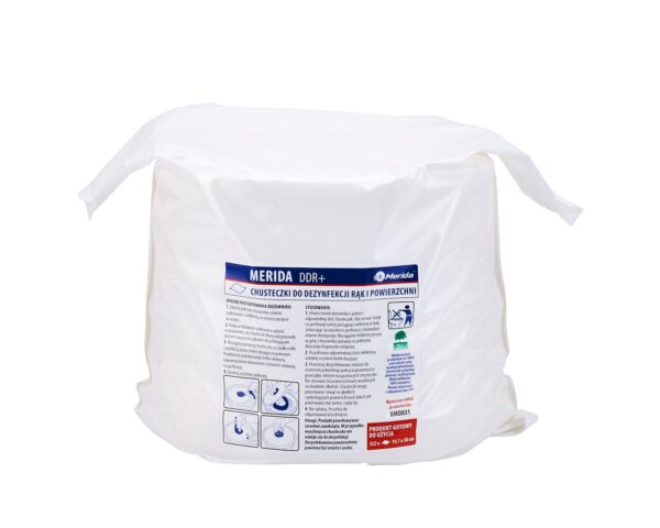Chusteczki nasączone do chirurgicznej i higienicznej dezynfekcji rąk i powierzchni MERIDA POLANA DDR+, wkład uzupełniający do wiadra 10 l, 122,36 m, 322 listki Chusteczki nasączone do chirurgicznej i higienicznej dezynfekcji rąk i powierzchni MERIDA POLANA DDR+, wkład uzupełniający do wiadra 10 l, 122,36 m, 322 listki