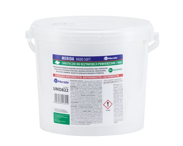 Chusteczki nasączone do dezynfekcji rąk i powierzchni MERIDA VADO SOFT, bezalkoholowe, wiadro 6 l, rolka 65 m, 260 listków