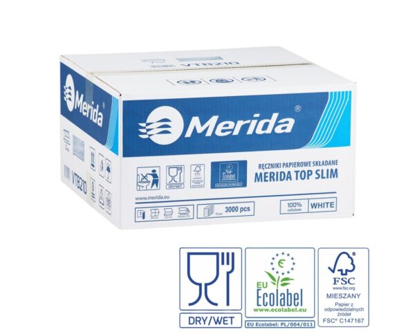 Ręczniki papierowe MERIDA TOP SLIM, białe, jednowarstwowe, 3000 szt., ECOLABEL