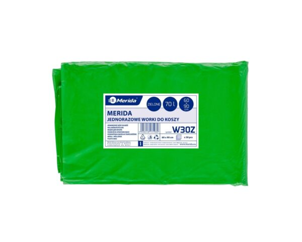 Worki na śmieci MERIDA, 60 x 90 cm, pojemność 70 l, paczka 50 szt., ZIELONE, LDPE