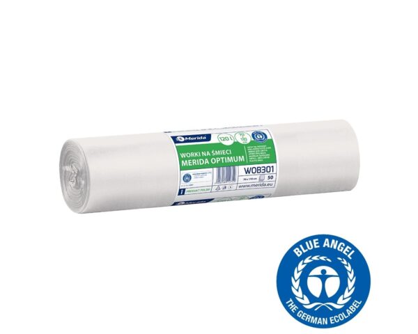 Worki na śmieci 120 l, MERIDA OPTIMUM BLUE ANGEL, białe, 70x110 cm, rolka 50 szt.