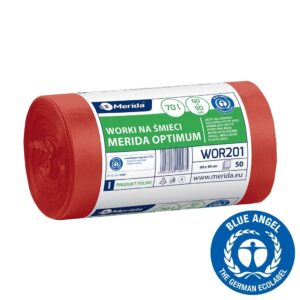 Worki na odpady medyczne 70 l, MERIDA OPTIMUM BLUE ANGEL, czerwone, 60x90, rolka 50 szt.