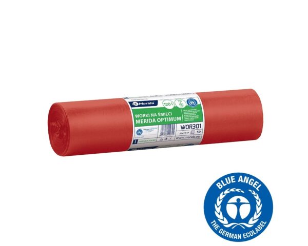 Worki na odpady medyczne 120 l, MERIDA OPTIMUM BLUE ANGEL, czerwone, 70x110, rolka 50 szt.