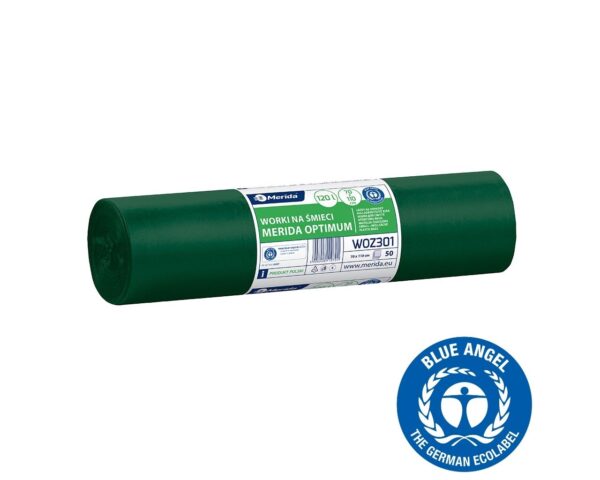 Worki na śmieci 120 l, MERIDA OPTIMUM BLUE ANGEL, zielone, 70x110 cm, rolka 50 szt.