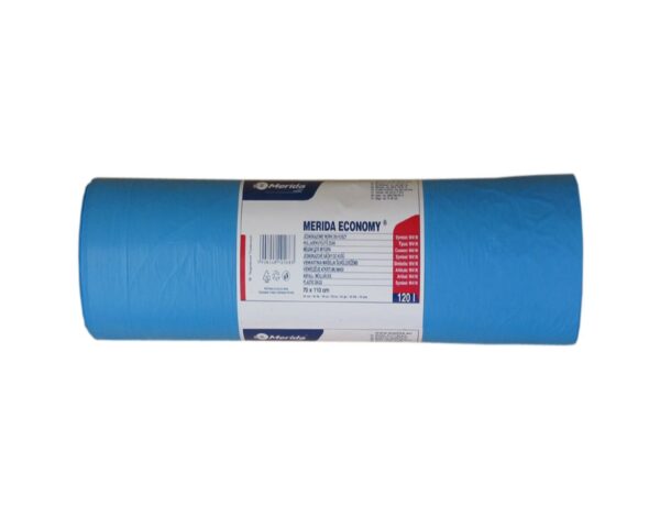 Worki na śmieci MERIDA ECONOMY, 70 x 110 cm, pojemność 120 l, rolka 50 szt., NIEBIESKIE, HDPE/LDPE